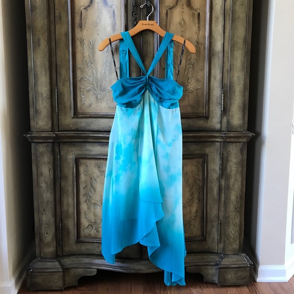 NWT Bebe 100% Silk women’s turquoise blue ombré Boho Asymmetric Midi Dress S - Picture 2 of 8
